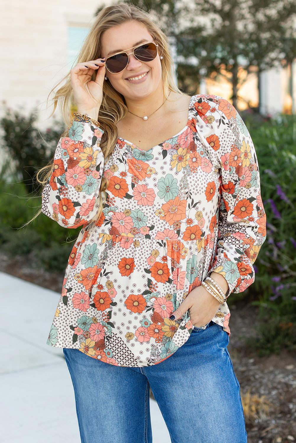 Khaki Plus Size Flower Print Square Neck Peplum Blouse