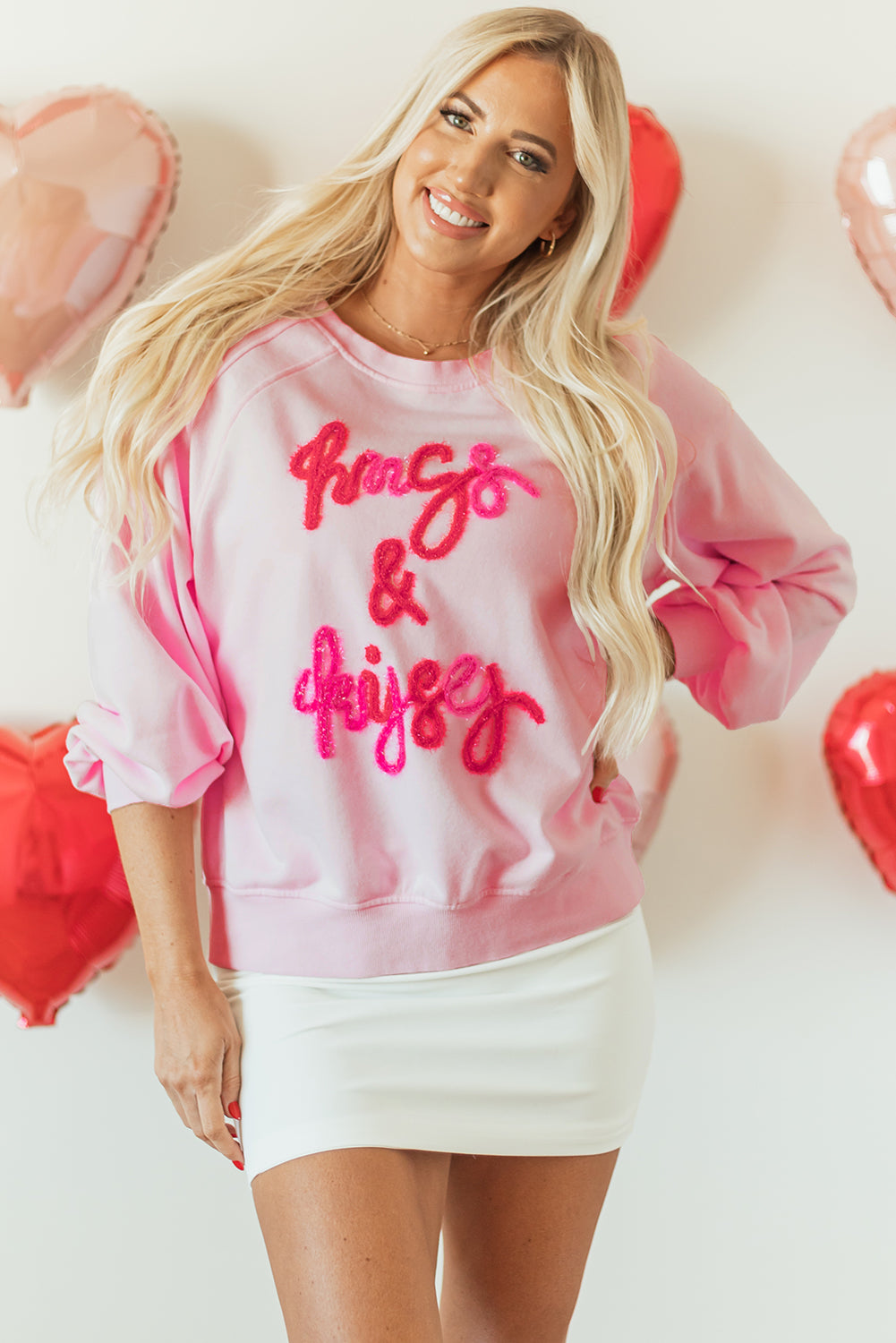 Pink Hugs and Kisses Pop Up Embroidered Raglan Sleeve Sweatshirt