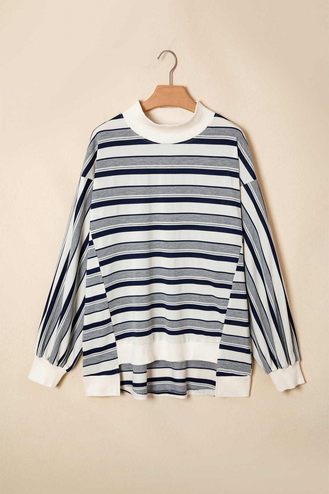 Blue Stripe Striped Ribbed Stand Neck Long Sleeve Shift Silhouette Sweatshirt