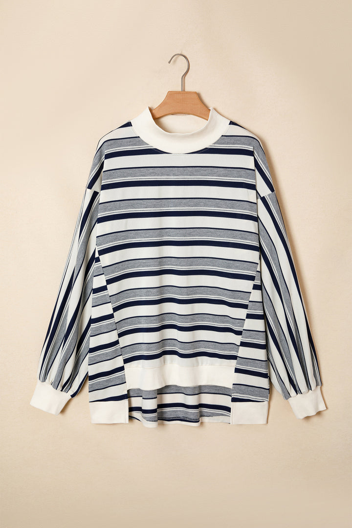 Blue Stripe Striped Ribbed Stand Neck Long Sleeve Shift Silhouette Sweatshirt