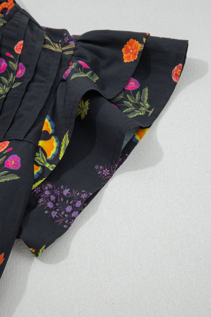 Black Floral Print Lace Trim Frilled V Neck Short Sleeve Shirt