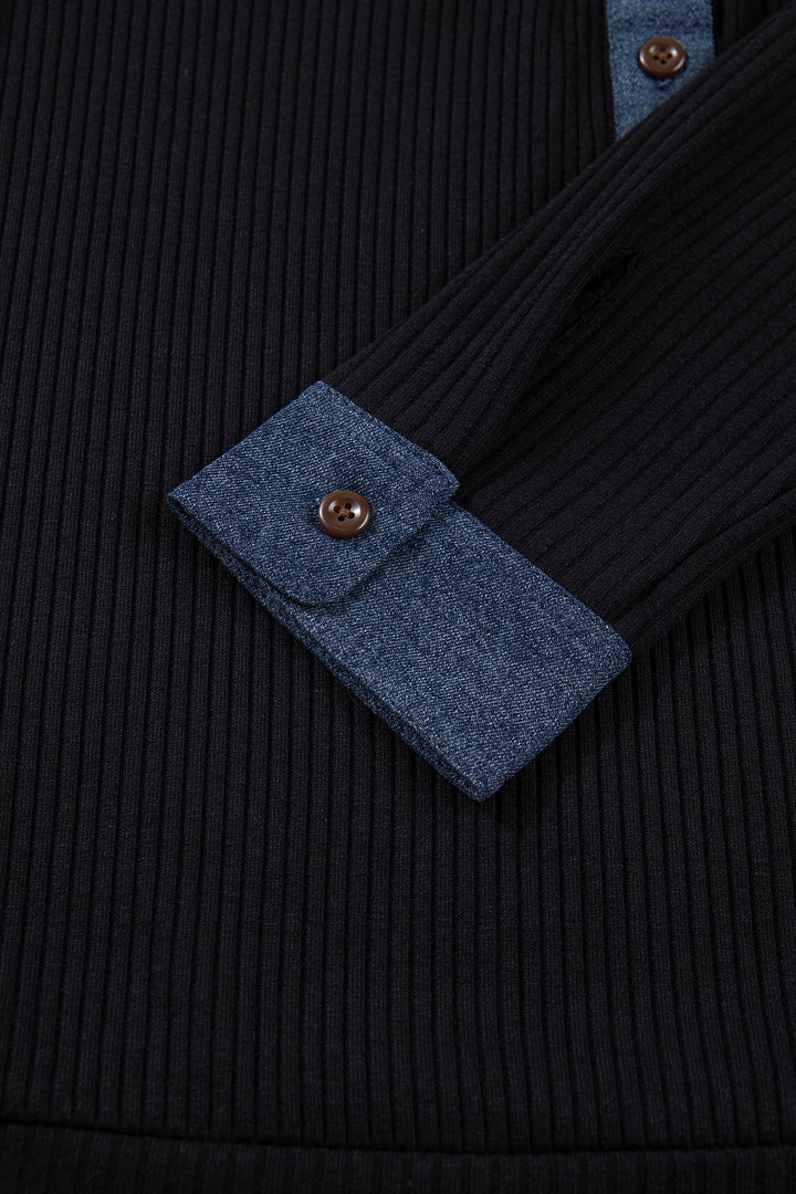 Black Ribbed Knit Contrast Denim Patchwork Hooded Long Sleeve Top