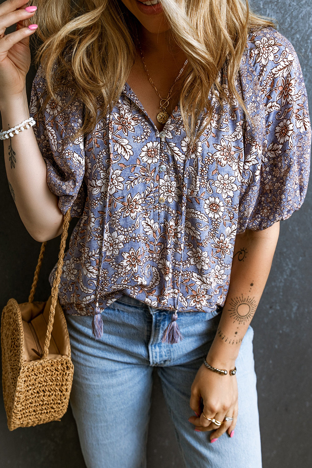 Purple Floral Tassel Tie Split Neck Bubble Sleeve Blouse