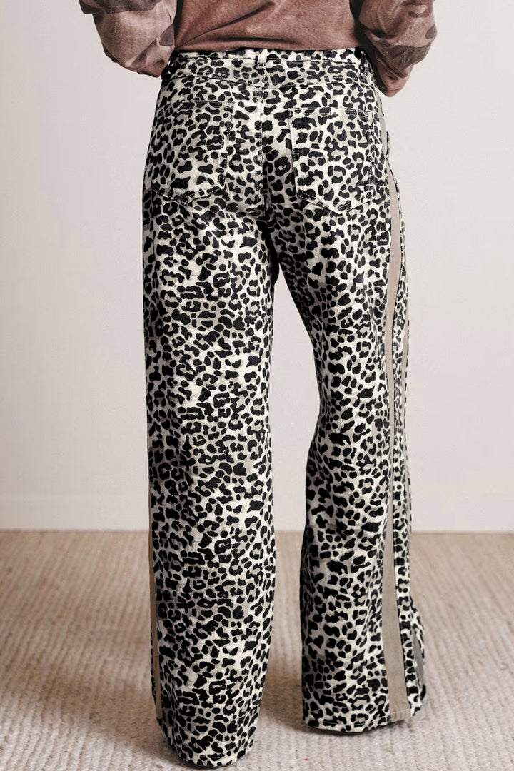 Khaki Leopard Print Drawstring Waist Straight Leg Jeans