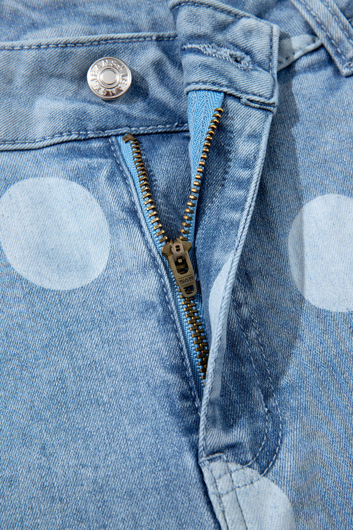 Sky Blue Polka Dot Ankle-Length Metal Button Casual Jeans
