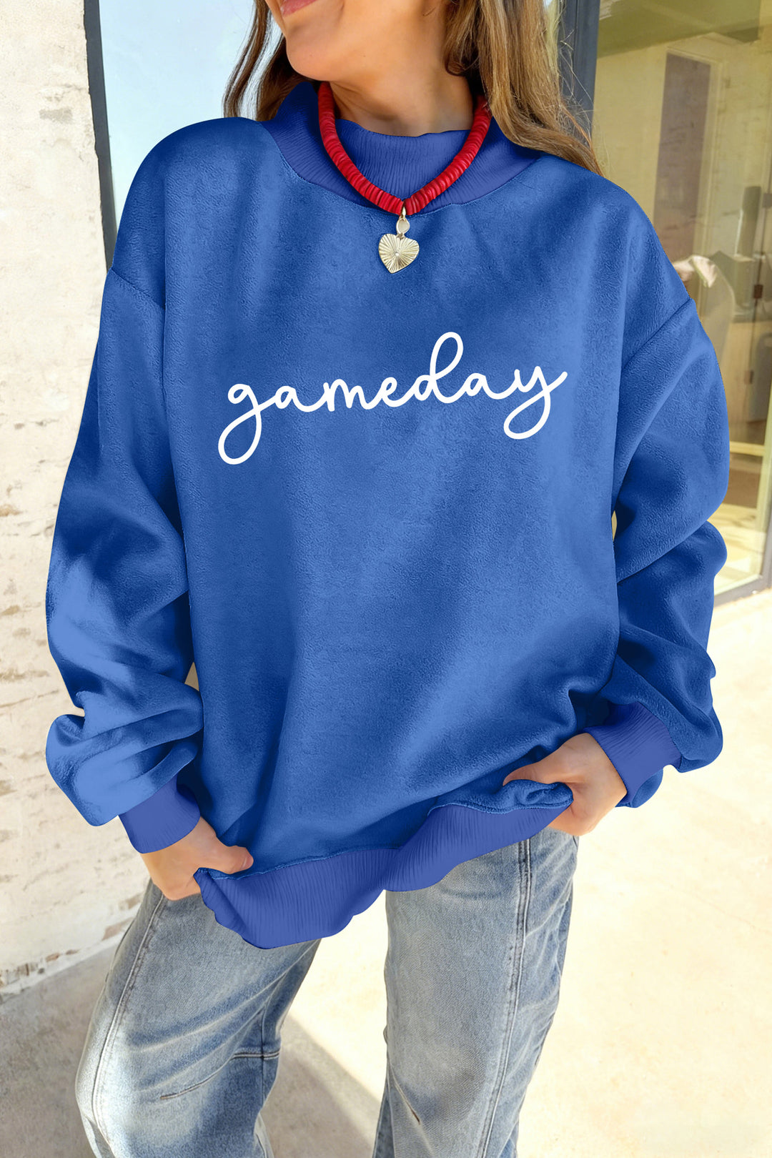 Dark Blue Reversible Gameday Football Graphic Oversized Sweatshirt