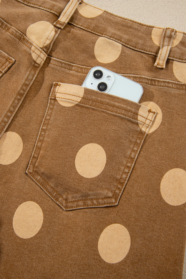 Sky Blue Polka Dot Ankle-Length Metal Button Casual Jeans