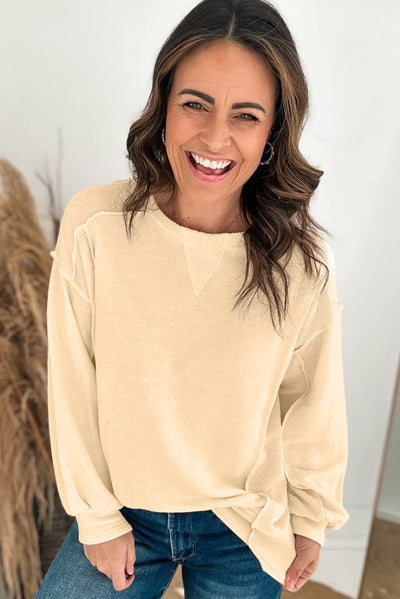 Beige Splicing Round Neck Pullover Sweatshirt