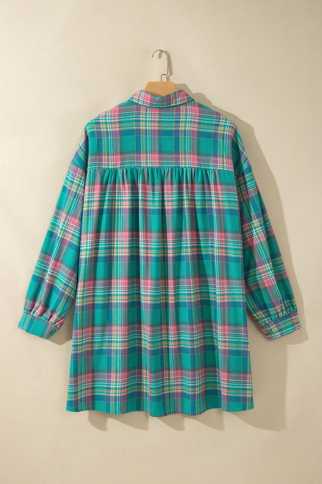 Green Plaid Button-Up Shift Long Sleeve V Neck Plus Size Dress