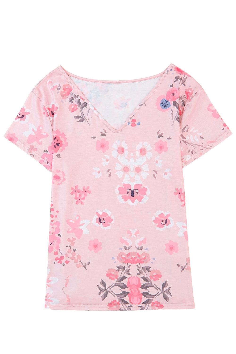 Pink V Neck Floral Print T-shirt