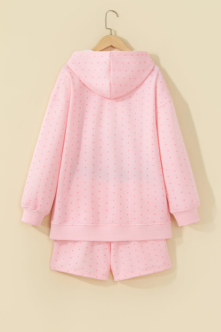 Pink Polka Dot Printed Oversized Hoodie Casual Shorts 2pcs Set