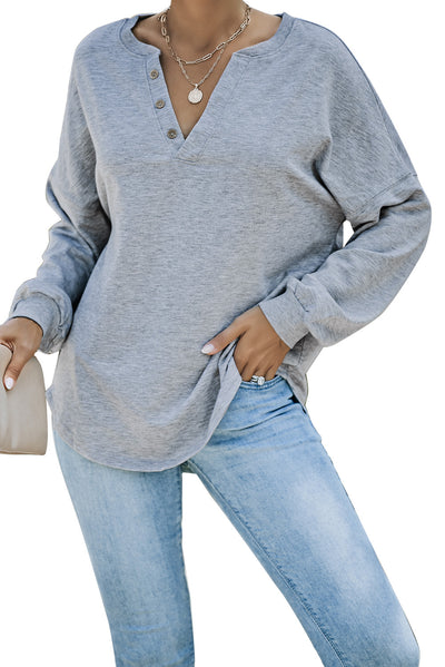 Gray Buttoned V Neck Cotton Loose Fit Top