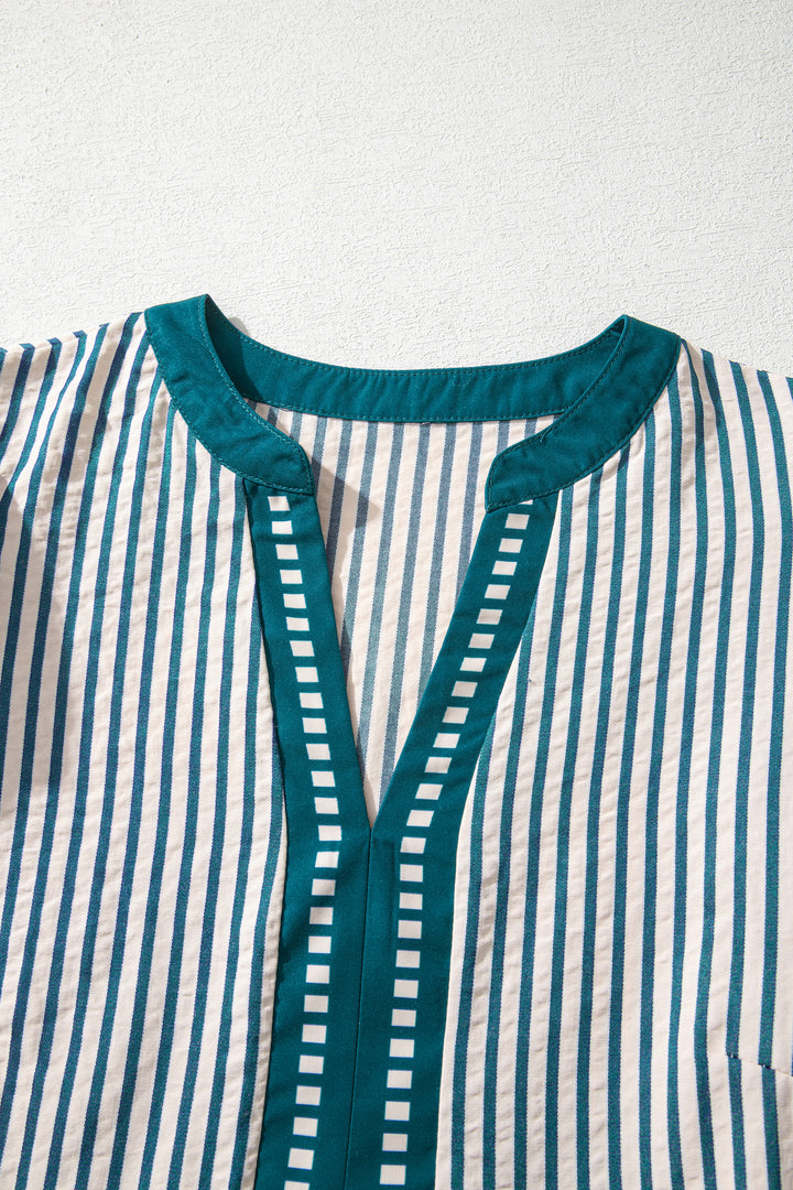 Green Stripe Double Ruffled Short Sleeve Contrast Trim V Neck Midi Dress
