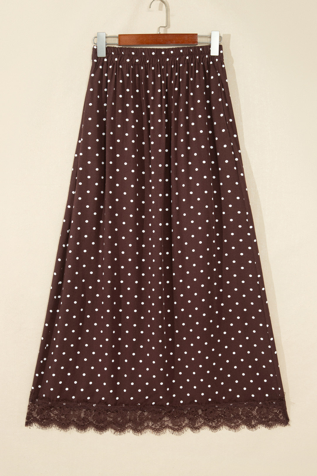 Brown Polka Dot Lace Hem Elegant Long Shift Skirt