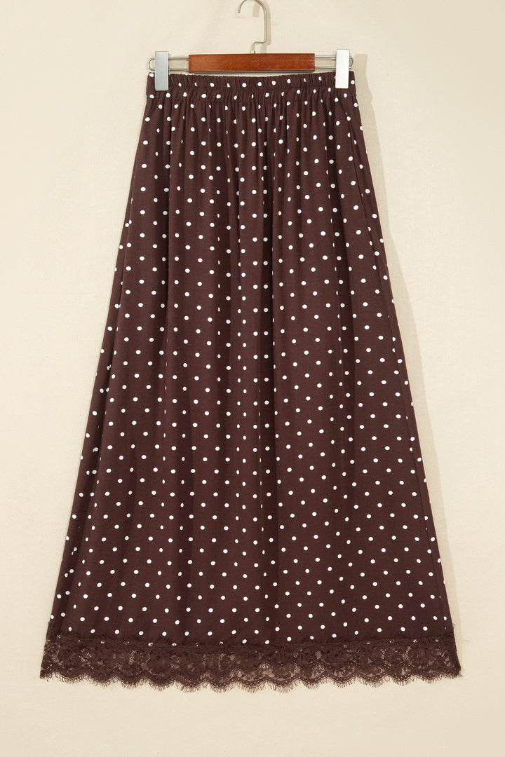 Brown Polka Dot Lace Hem Elegant Long Shift Skirt