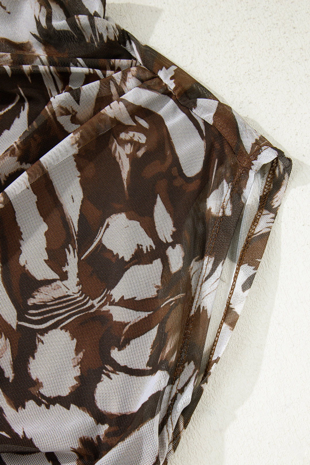 Brown Abstract Print Mesh Cowl Neck Cap Sleeve Ruched Midi Dress with Slit