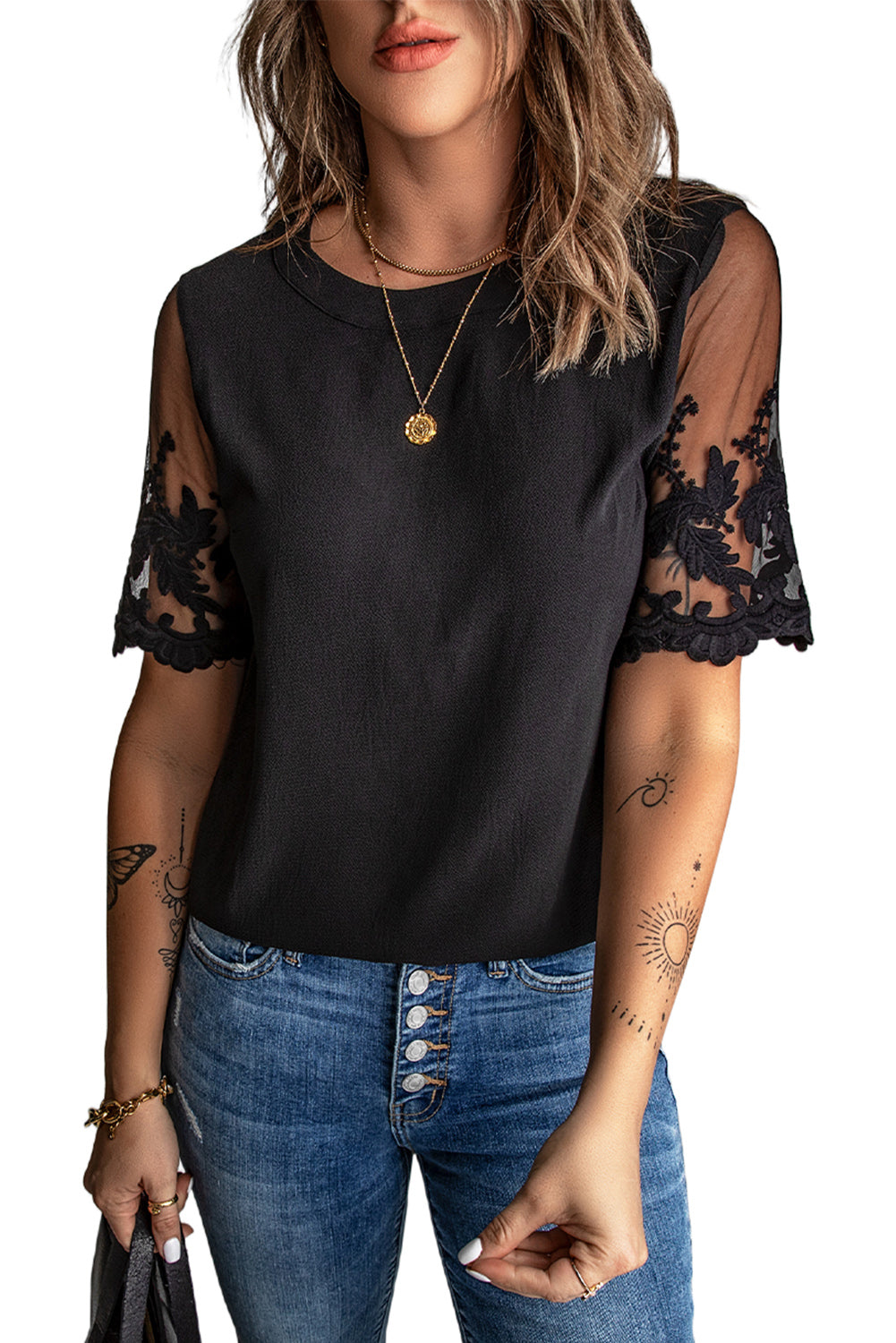 Black Floral Lace Sleeve Patchwork Top