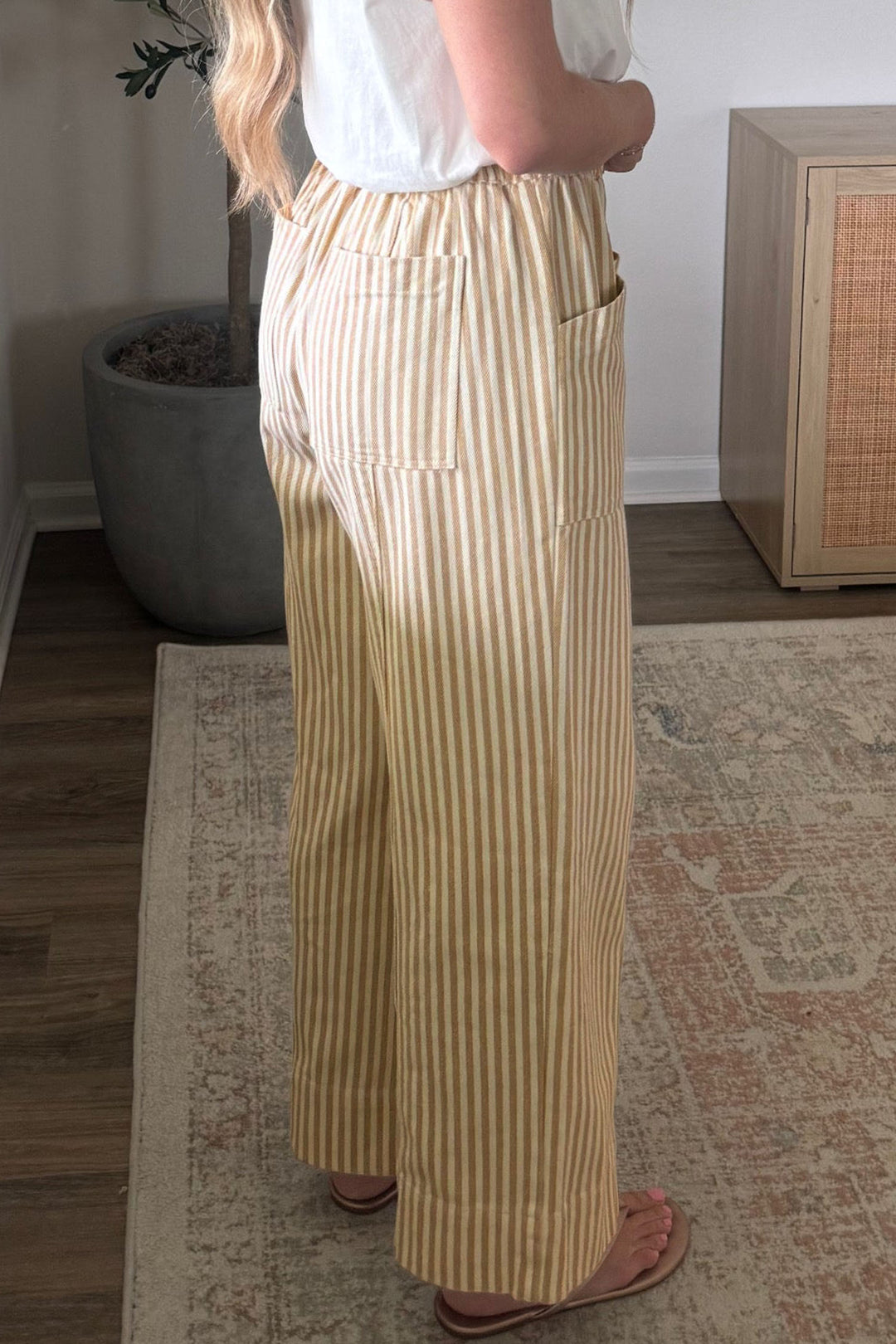 Apricot Stripe Ribbon Drawstring Waist Full-Length Shift Pant