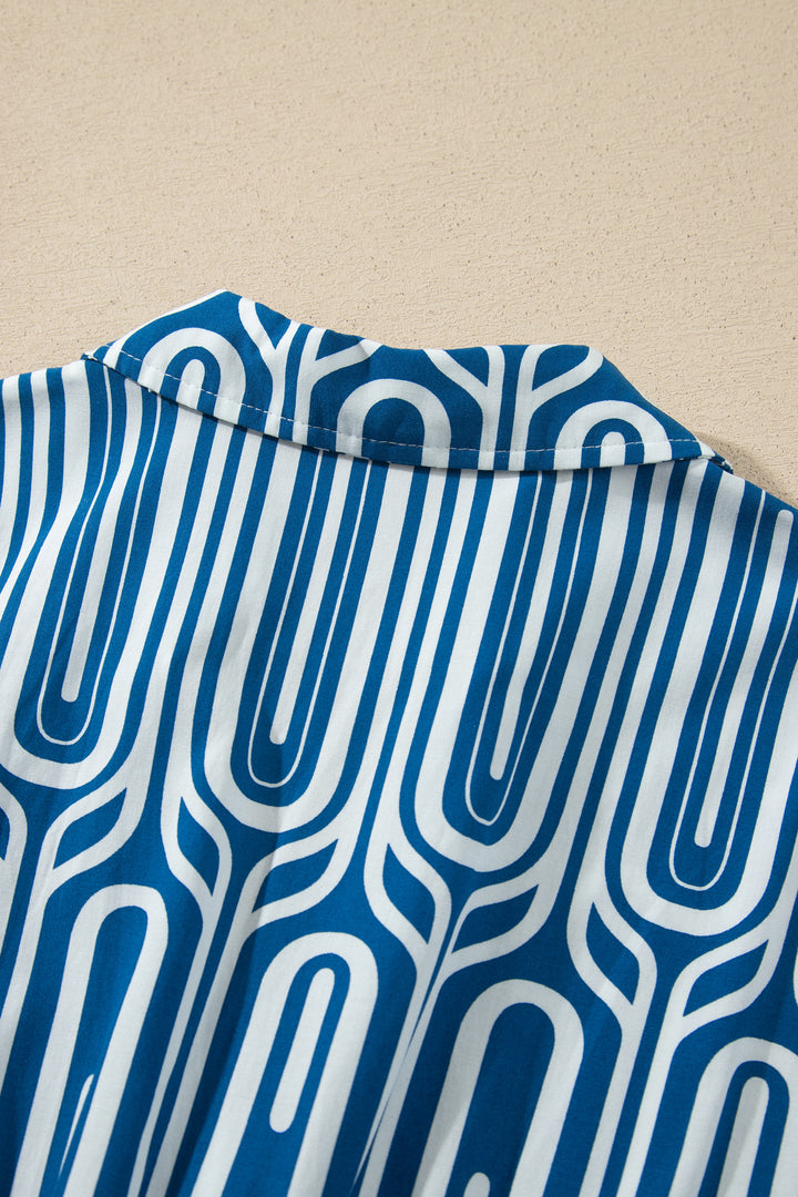 Blue Geometric Print Short Sleeve Drawstring Shirt Collar Dress