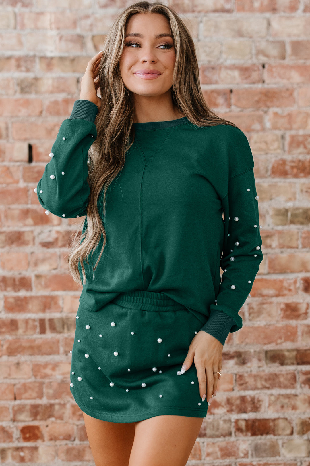 Dark Green Pearl Embellished Drop Shoulder Pullover Elastic Waist Mini Skirt Set