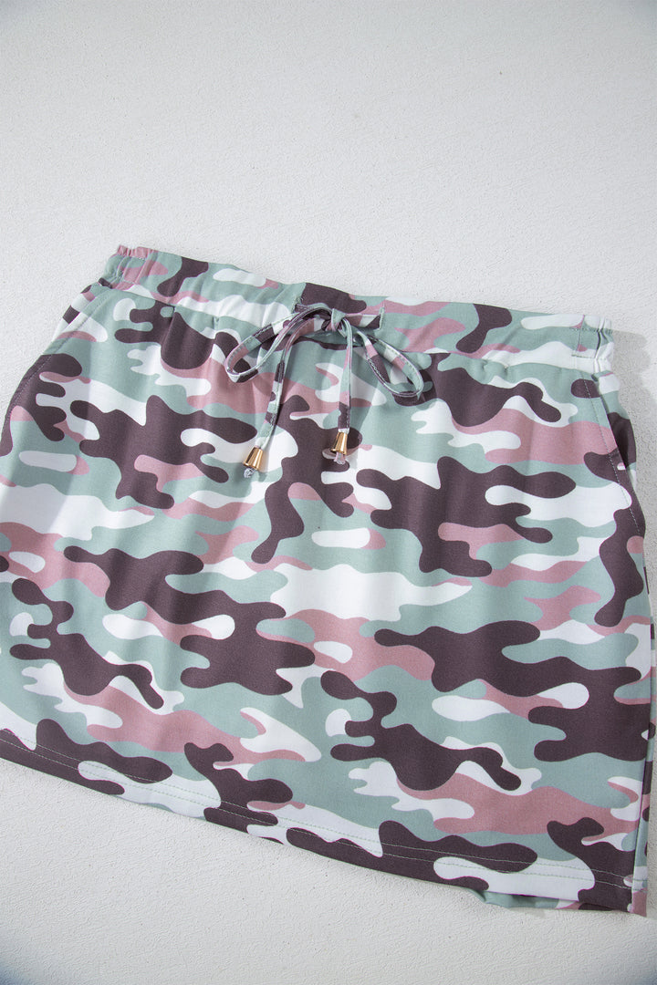 Green Camouflage Print Drawstring Casual Mini Skort