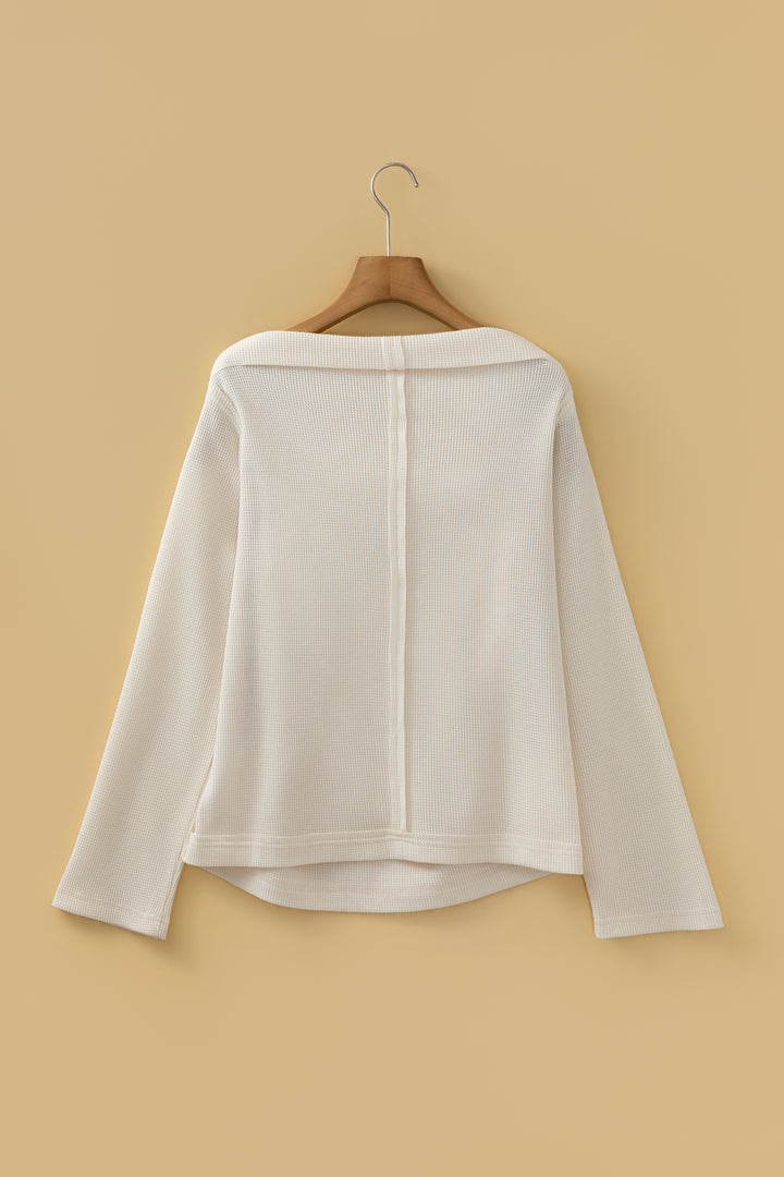 Beige Solid Color Waffle Knit Asymmetric Neck Long Sleeve Top