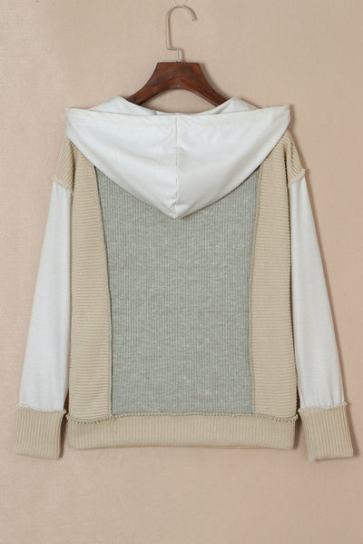 Gray Long Sleeve Textured Knit Patchwork Hoodie