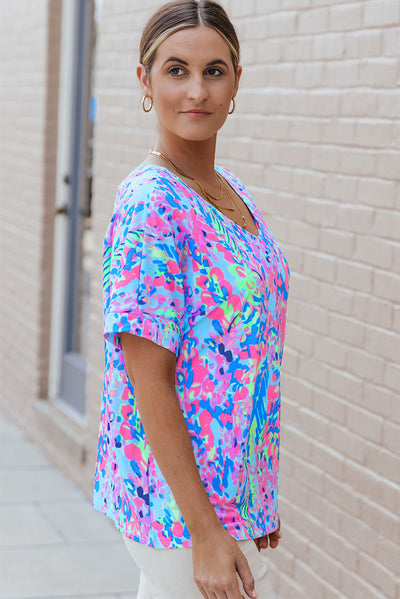 Sky Blue Loose Painted Floral Tee