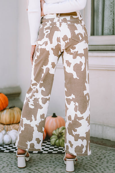 Khaki Cow Spot Print Pocketed Jeans