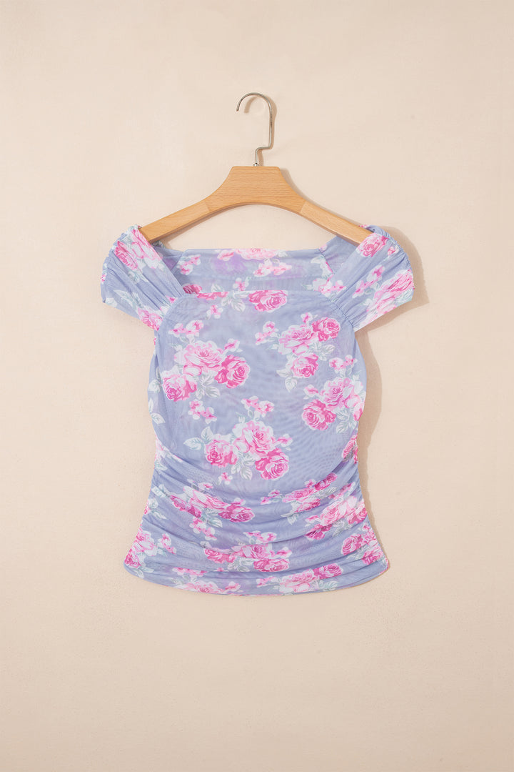 Sky Blue Square Neck Cap Sleeve Ruched Floral Mesh Top