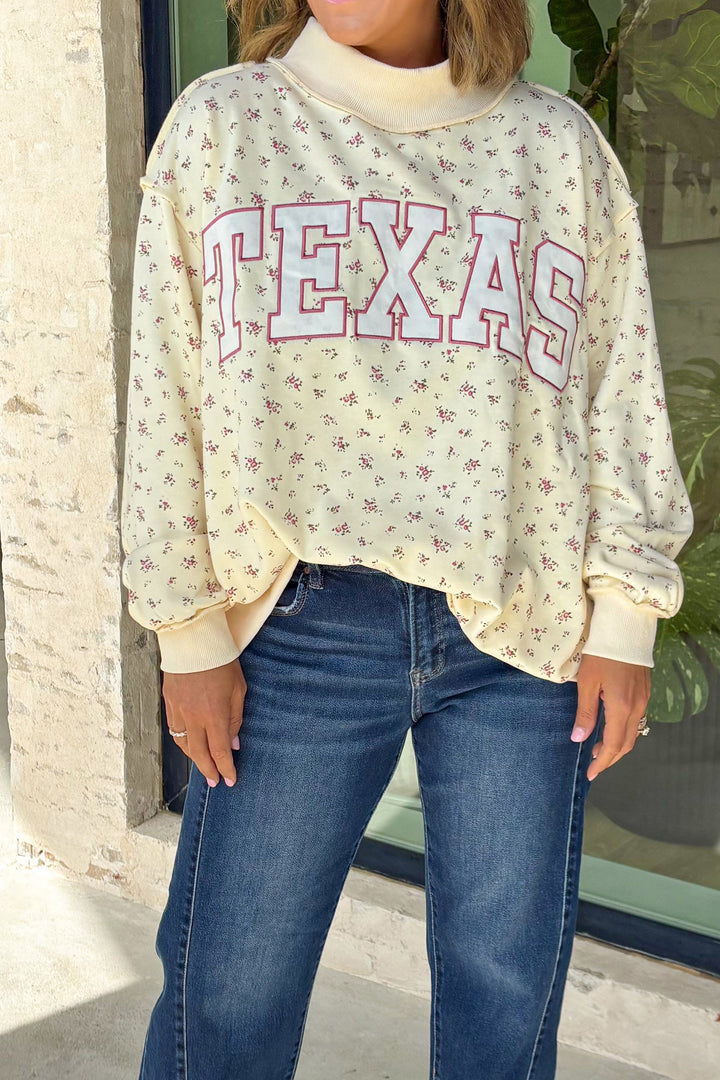 Beige Floral Print Stand Neck Long Sleeve Slogan Sweatshirt