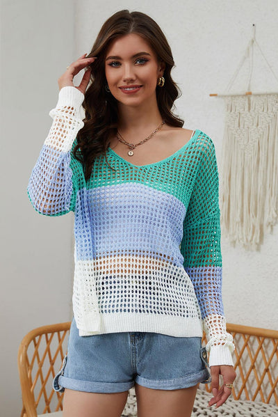 Green Multicolor Color Block Eyelet Long Sleeve Twisted Back Knit Top