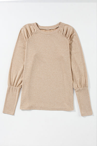 Pale Khaki Solid Ruched Raglan Sleeve Knit Top