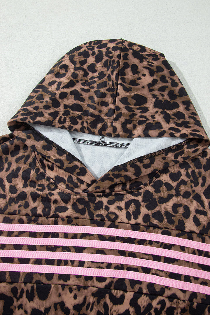 Brown Leopard Print Contrast Striped Detail Long Sleeve Top Pant Set