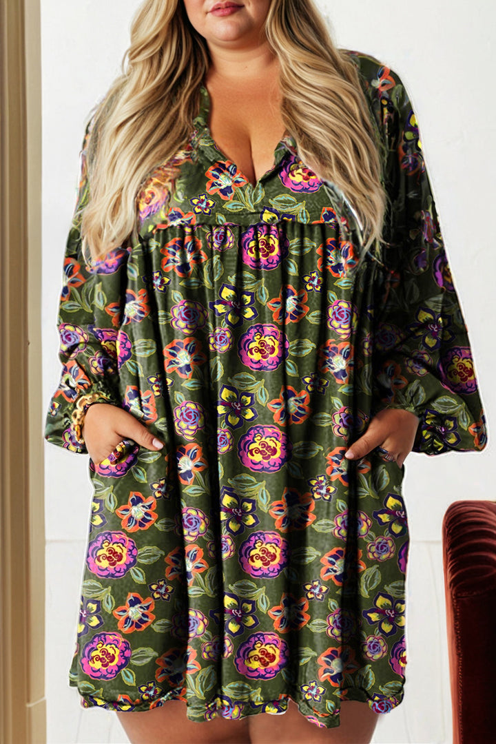 Green Plus Size Floral Print Collared V Neck Loose Mini Dress