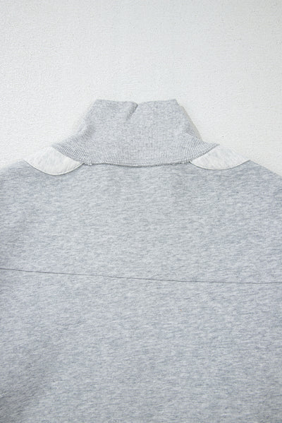 Gray Half Zipper Collared Drop Shoulder Side Slits Sweatshirt