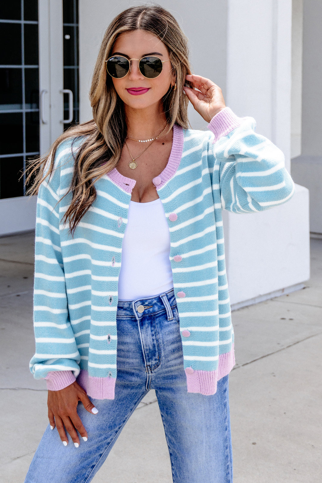 Sky Blue Stripe Contrast Trim Button Down Casual Sweater Cardigan