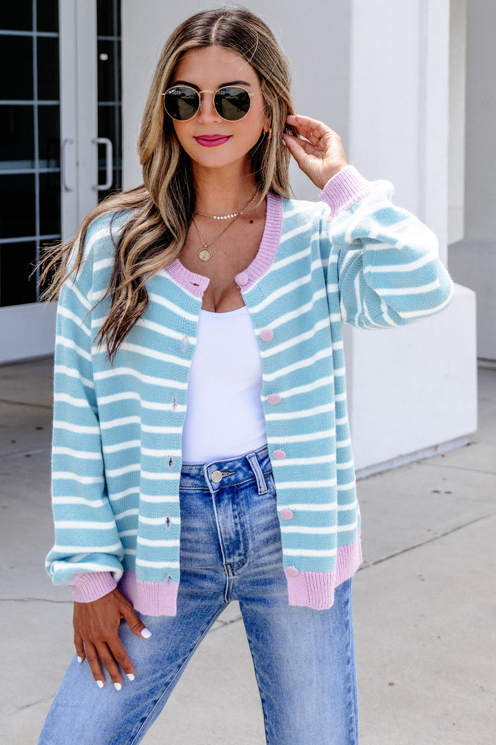 Sky Blue Stripe Contrast Trim Button Down Casual Sweater Cardigan