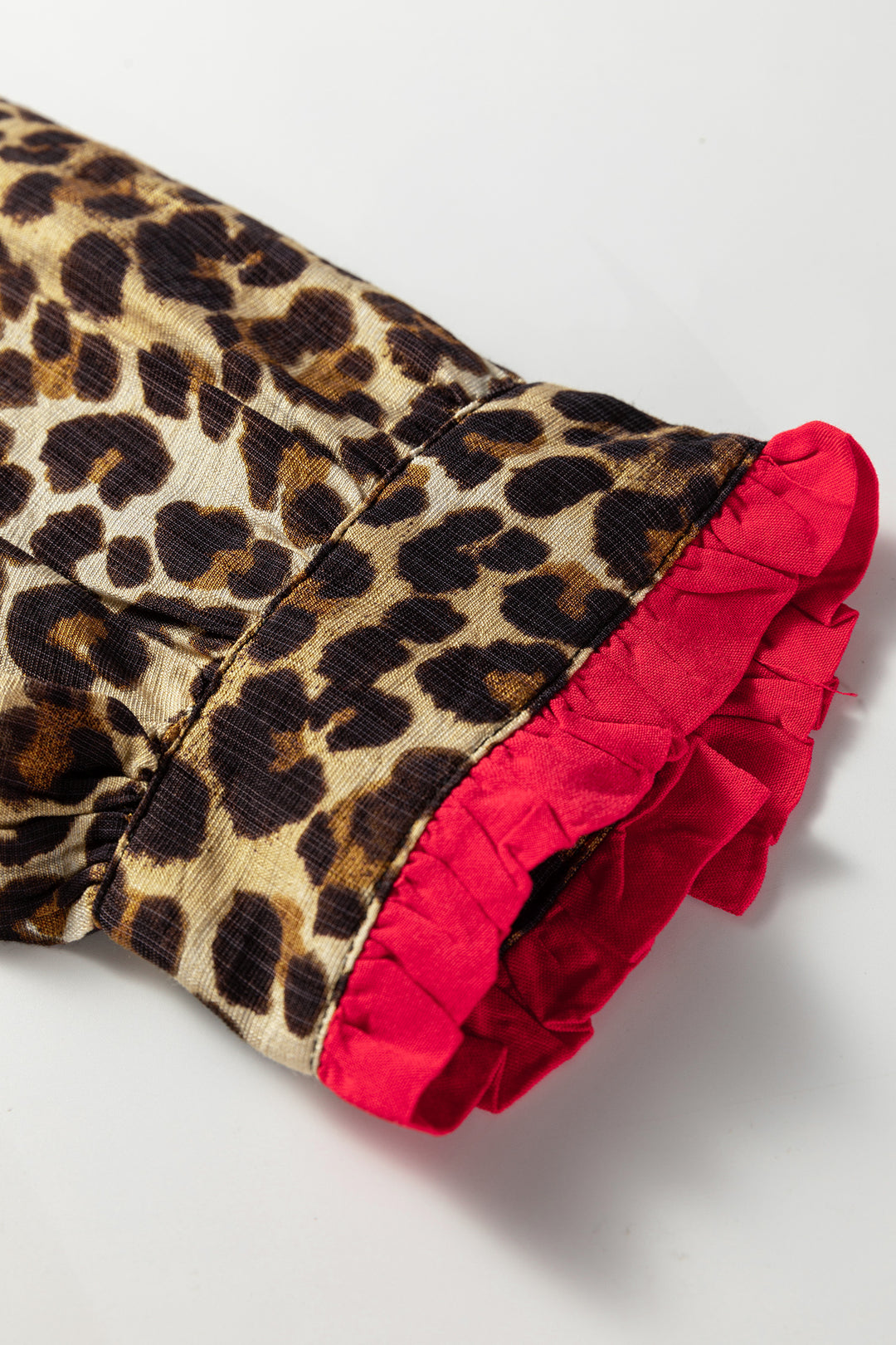 Brown Fierce Leopard Allure Contrast Ruffle Trim V Neck Shirt