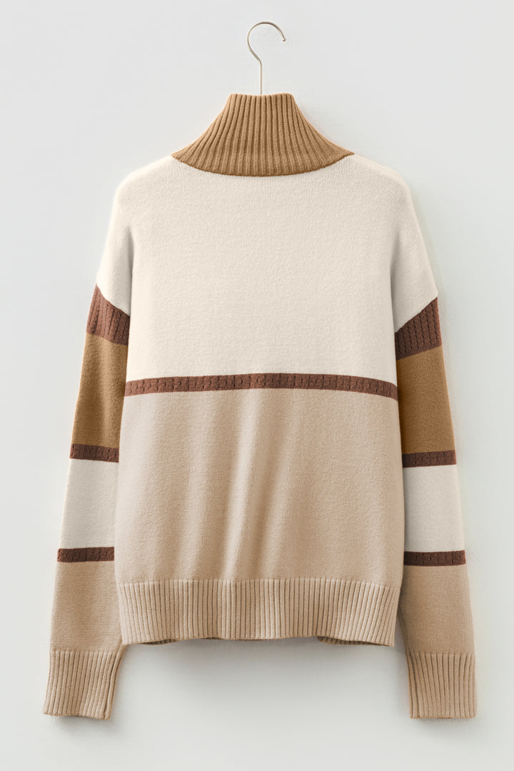 Parchment Colorblock Zipped Collared Pullover Sweater