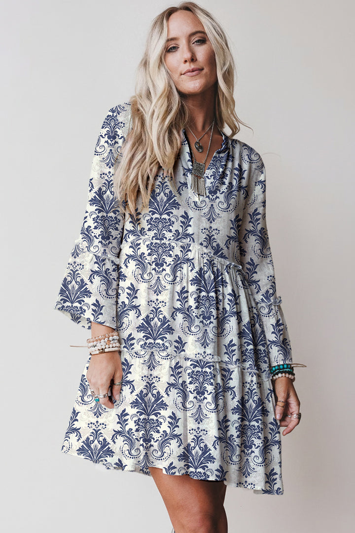 Sky Blue Boho Floral Print Lettuce Trim 3/4 Sleeve Mini Dress