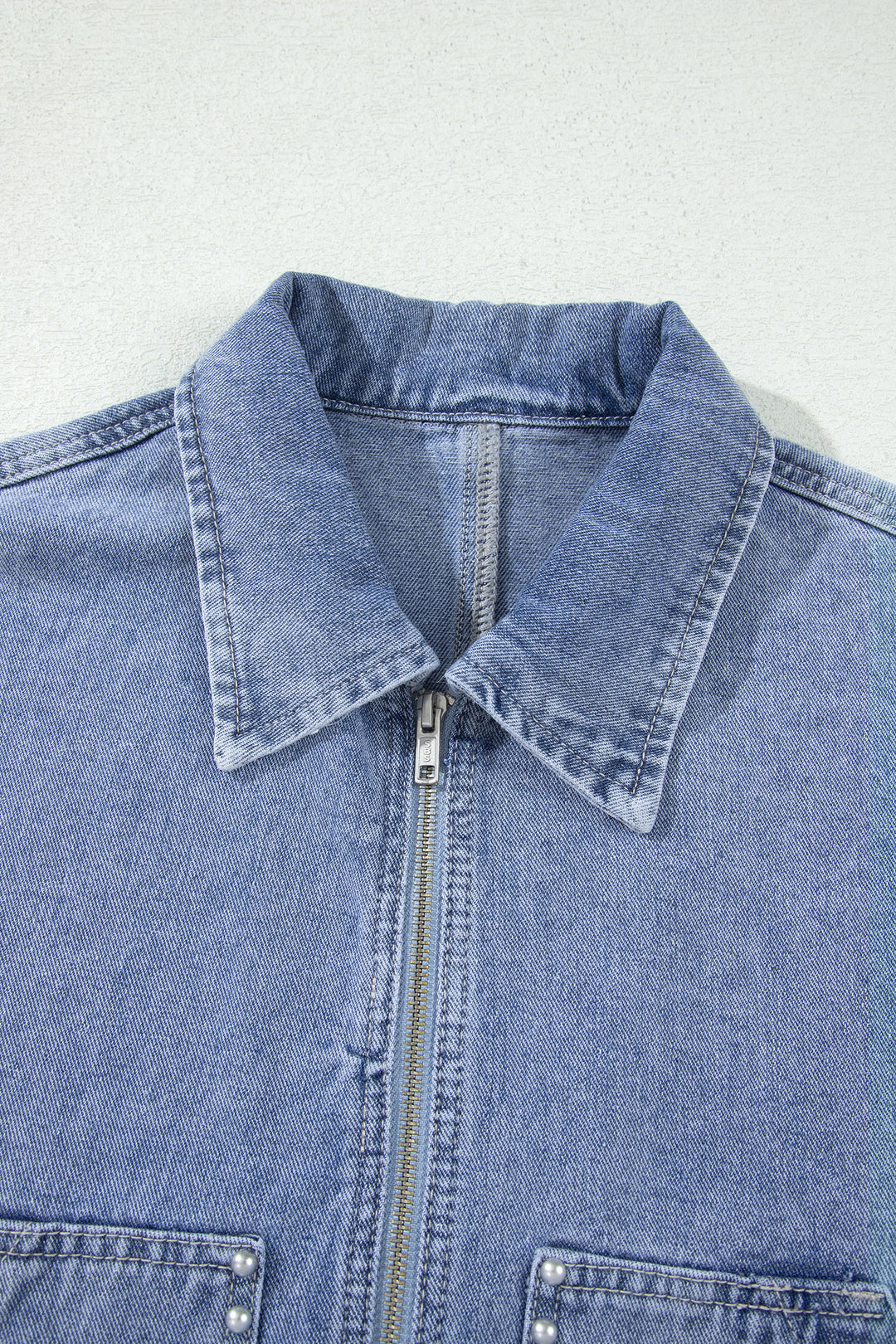 Beau Blue Studded Metal Zipper Rivet Pockets Long Sleeve Denim Jacket