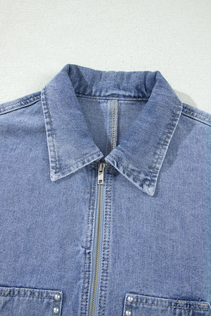 Beau Blue Studded Metal Zipper Rivet Pockets Long Sleeve Denim Jacket