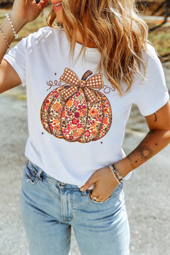 White Floral Pumpkin Print Round Neck Short Sleeve T-Shirt