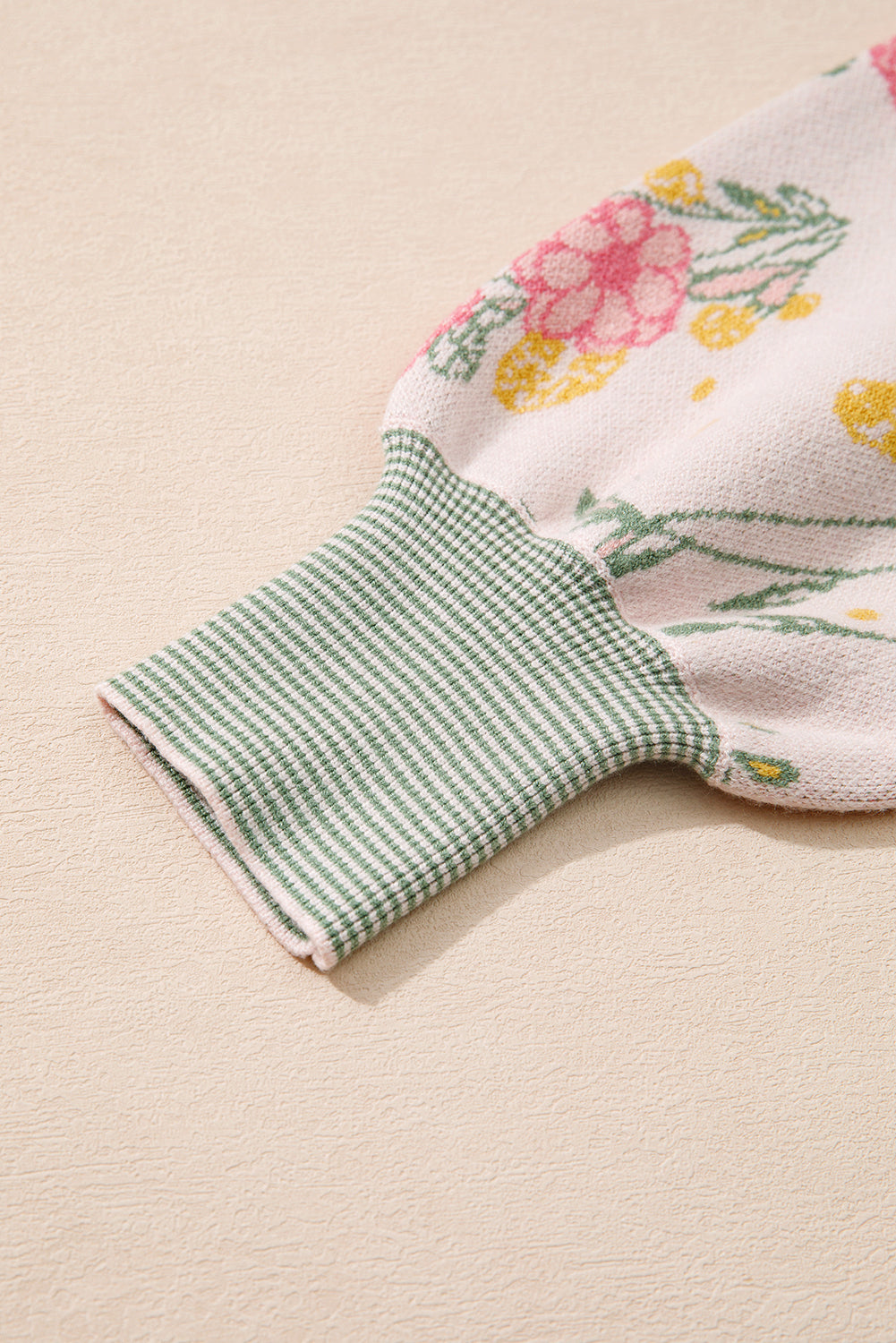 Pink Floral Pattern Striped V Neck Loose Sweater