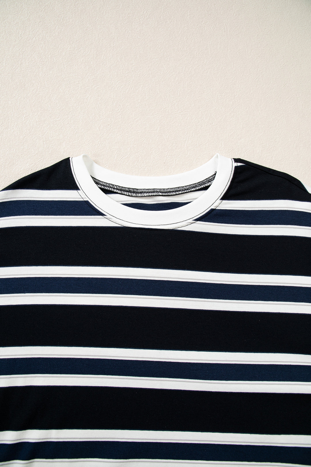 Blue Stripe Ribbed Color Block Trim Round Neck Dropped Shoulder Sweatshirt