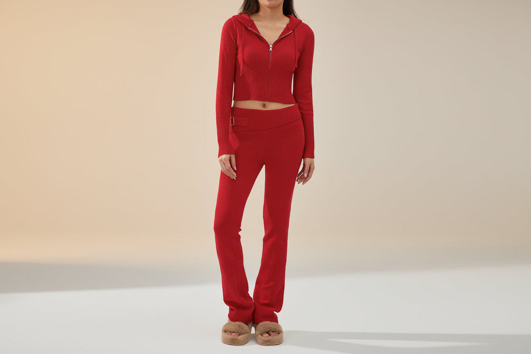Women’s Knitted Hooded Two-Piece Set – Cardigan &amp; High-Waisted Pants Suit