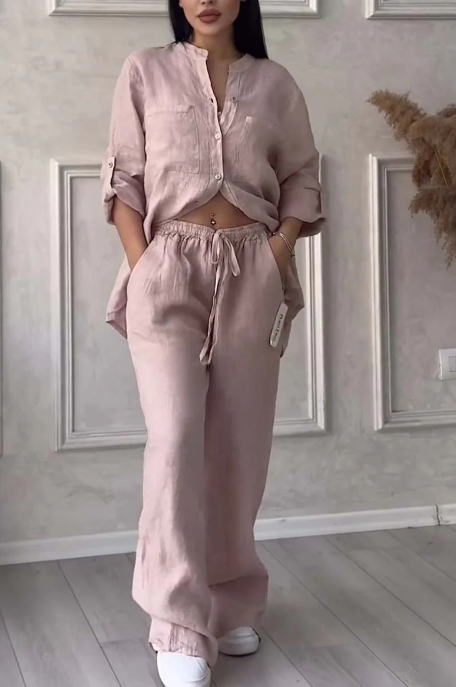 Wide-Leg Pants &amp; Lace-Up Top Two-Piece Set – Solid Color, 12 Colors S–5XL