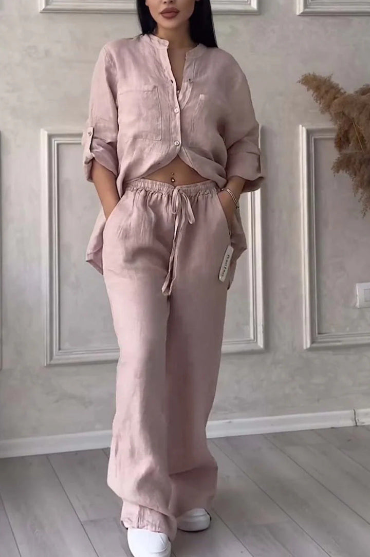 Wide-Leg Pants &amp; Lace-Up Top Two-Piece Set – Solid Color, 12 Colors S–5XL