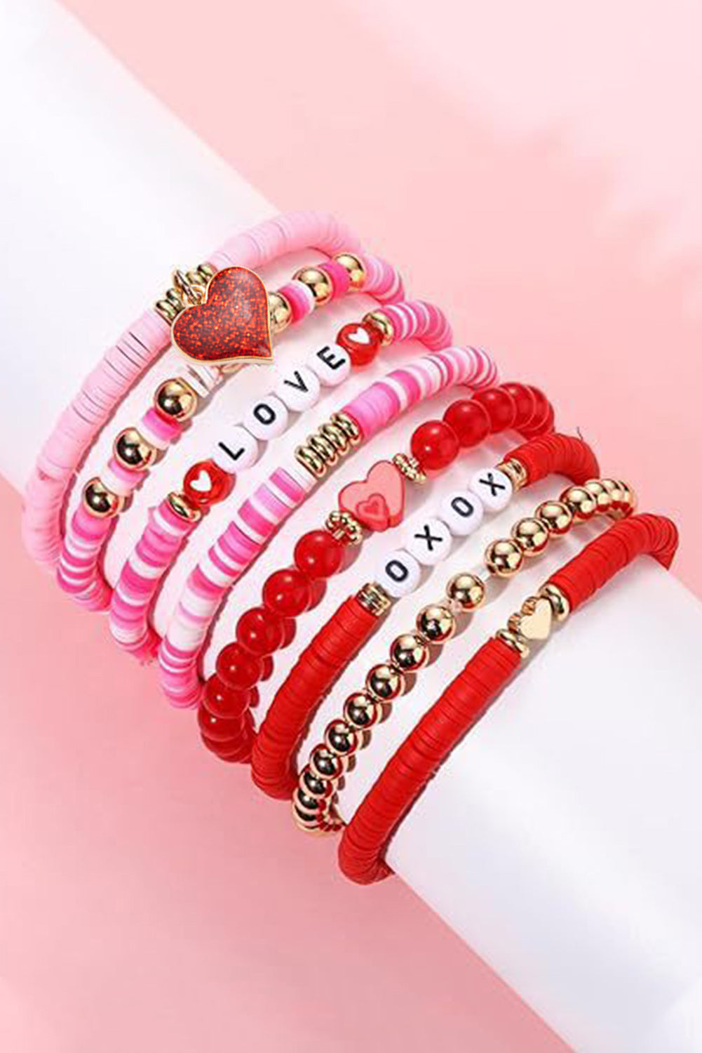 Pink Valentines LOVE XOXO Heart Shape Beaded Bracelet Set